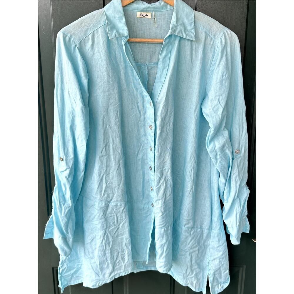 Symple NYC Sz S 100% Linen Aqua Blue Button Front Asymmetric Hem Tunic Lagenlook - Picture 2 of 7